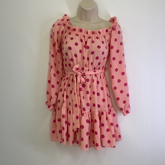 PrettyLittleThing- Dusty Pink Polka Dot Bardot Tie Waist Shift Dress Size 2 - Picture 2 of 13